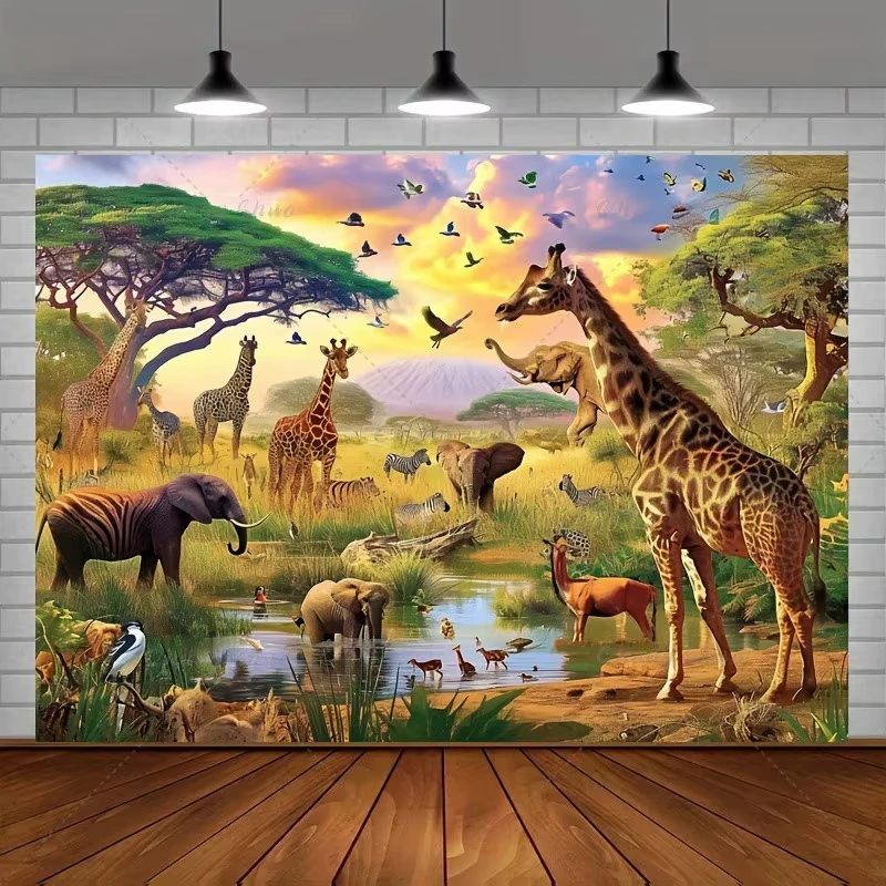 Jungle Safari Backdrop Wild Animal Tiger Lion Elephant Giraffe Zebra Wall Decor Poster Kids Birthday Party Background Studio