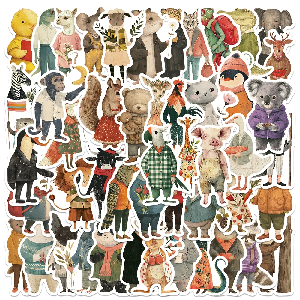 Vintage Animals Cliparts Adesivos, Decalques estéticos para telefone, laptop, skate, mala, guitarra, adesivos impermeáveis, desenhos animados, 50pcs