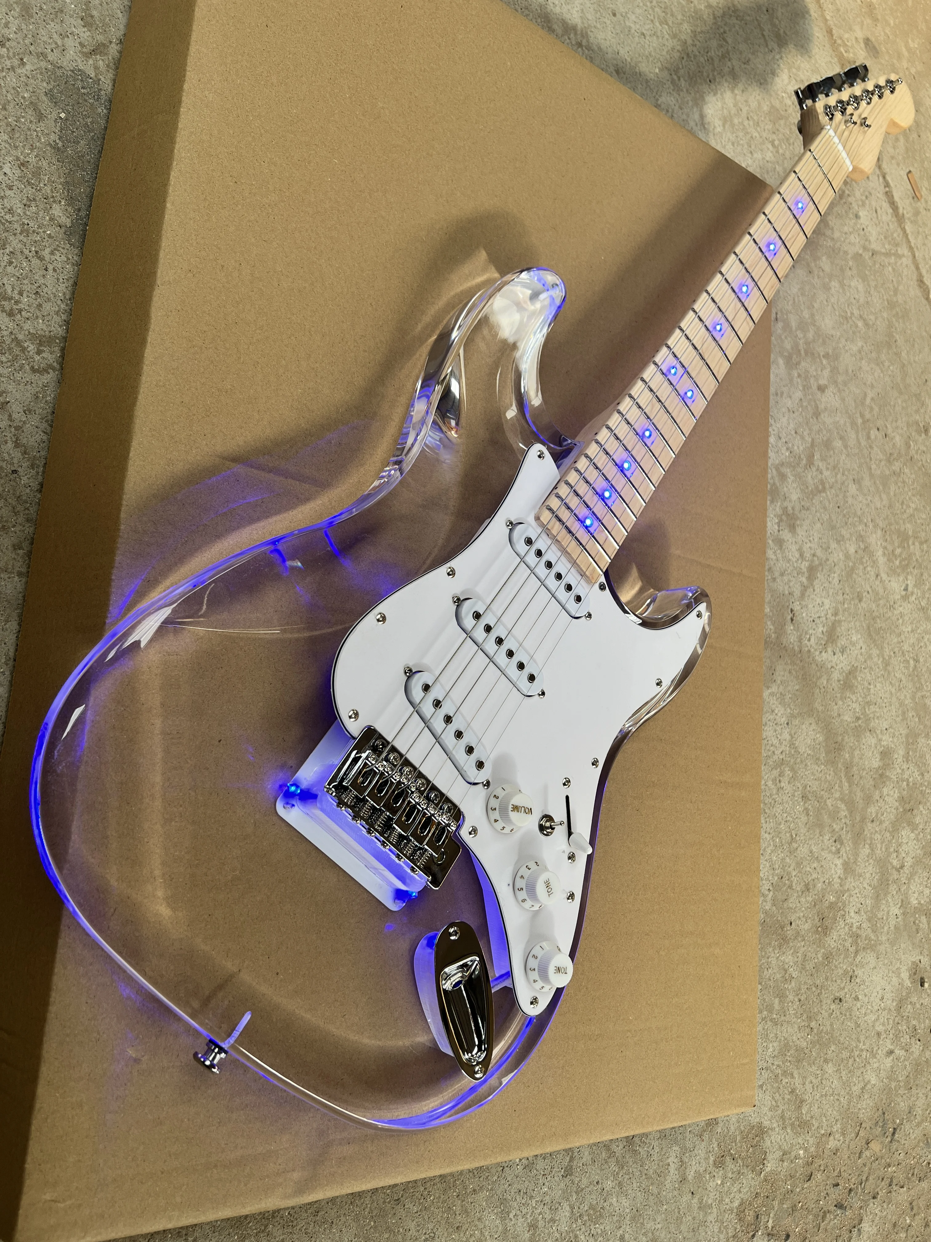 Acrylic clear crystal Plexiglas 6-string electric guitar Blue LED lights Maple guitar neck Free shipping