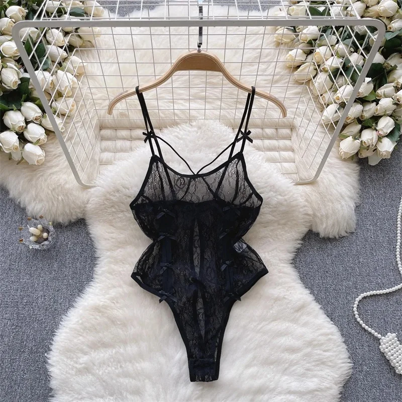 

Lace Hollow Strap Playsuit Sweet Bow Slim Fit Sexy Bodysuit Summer New Trend Backless Lingerie Women One Piece Bodycon Pajama