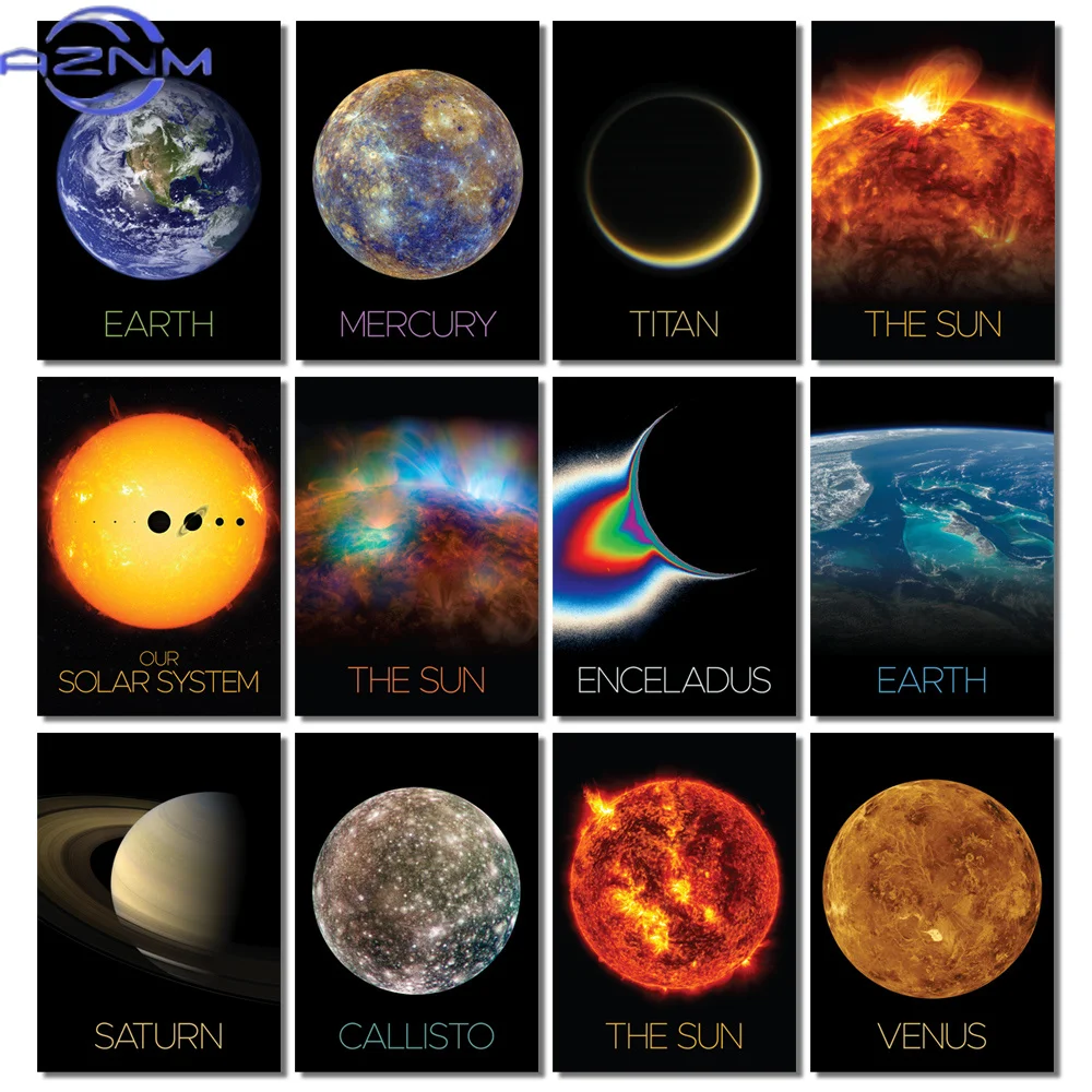 AZNM 1pc frameless Canvas Planets Wall Art Poster Sun Mercury Venus Earth Moon Jupiter Mural Modern Home Decor Canvas Picture Pr