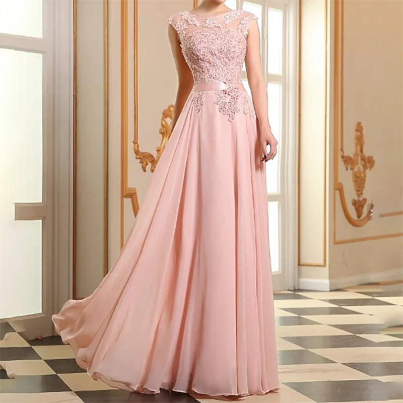 

Customized A-line Pink Scoop Appliques Lace-up Prom Dress Floor-Length Chiffon Evening Formal Gowns Dress