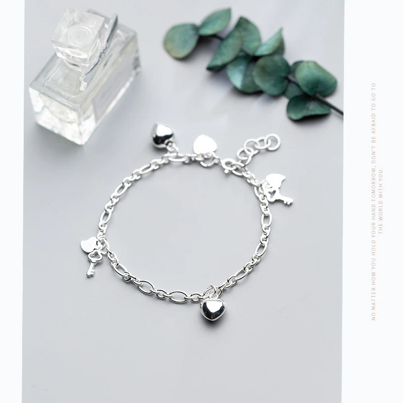 Modian New 925 Sterling Silver Simple Hearts Key Charm Bracelet Bangle for Women Link Chain Korea Style Fine Jewelry Pulseira