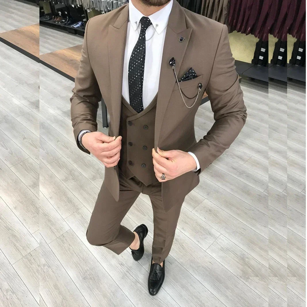 

Slim Fit Terno Suits for Men Blazer Solid Color Single Breasted Peaked Lapel Fashion Business Three Piece Jacket Pants Vest