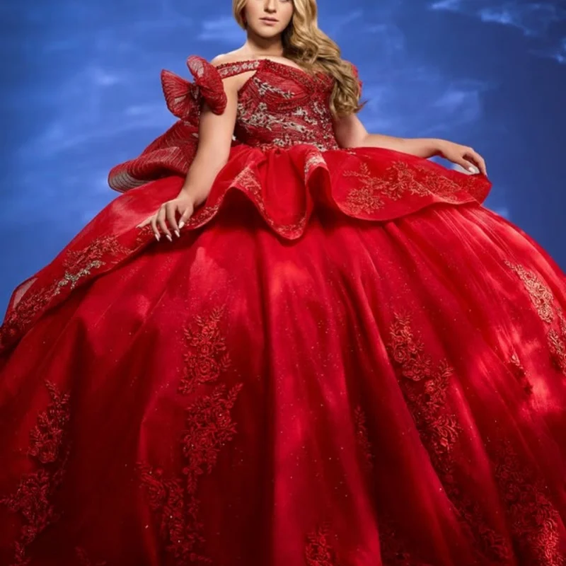 

Shiny Red Quinceanera Dresses Off the Shoulder Glitter Crystal Beads Decal Long tail Bow Vestido De 15 Quinceanera Customize