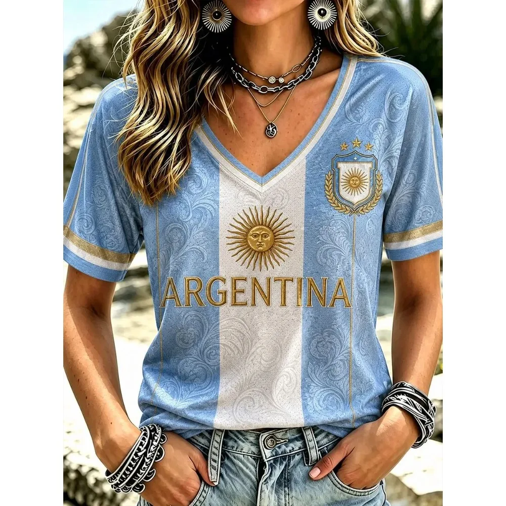 2026 New Argentina Style Printed V Neck T-shirt Summer Mesh Breathable Fashion Casual Outdoor Football Sports Tops Tee for Women