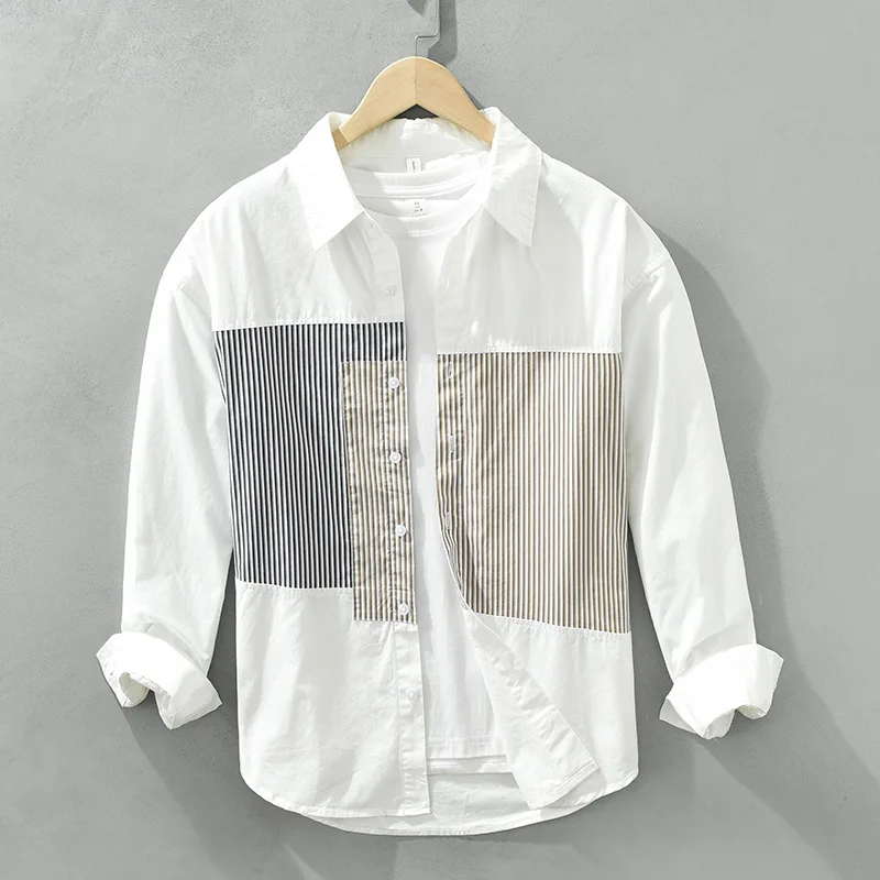 

Japanese Fashion Long Sleeve White Shirt Men Street Casual Shirts Striped Patchwork Designer Shirt Pure Cotton Loose Tops Youth