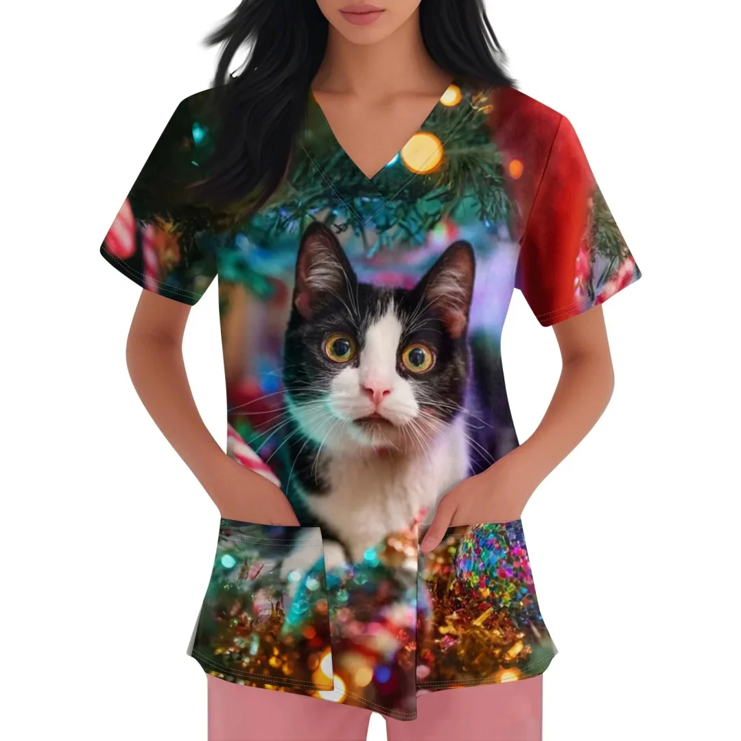 Leuke Kerstman Scrubs voor Vrouwen Tops V-hals Korte Mouw Plus Size Tops Kerst Print Verpleegster Werken Uniformen met Zakken Top