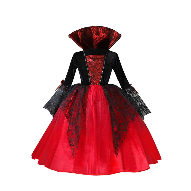 Teufel-Kostüm für Mädchen, langes Spitzenkleid, Federflügel, Horn-Stirnband, Dreizack-Zauberstab für Halloween-Cosplay-Bühnenauftritte – Detail 13