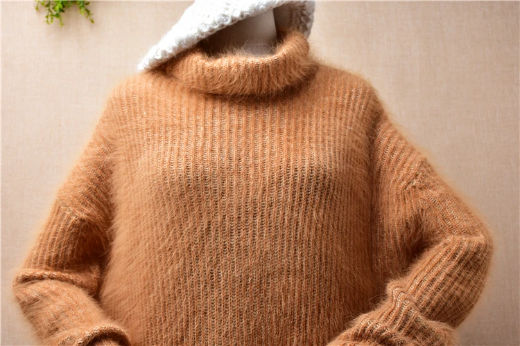 Ladies Women Fashion Fall Winter Striped Hairy Angora Rabbit Hair Knitted Turtleneck Long Sleeves Slim Blouses Pullover Sweater