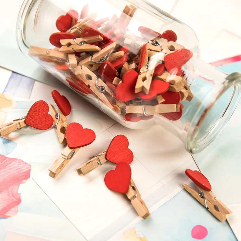 50PCS/Lot Mini Romantic Loving Heart Shape Wood Clips Handicrafts Photos Papers Clothes Pegs Home Bachelorette Party Decorations