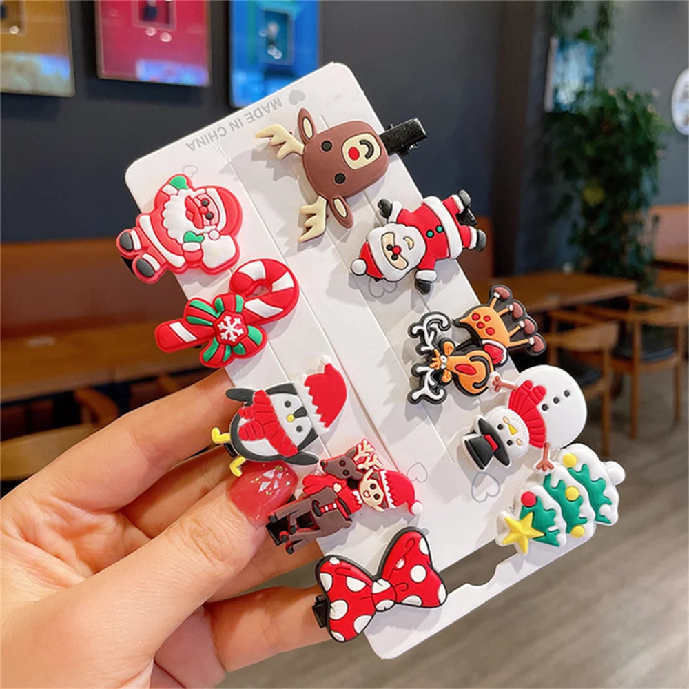 10Pcs/Set Cartoon Christmas Hair Clips Girls Kids Gift Hairpins Christmas Party Decoration Santa Xmas Accessories New Year Gifts