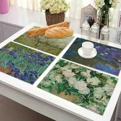 Van Gogh Monet Placemat Famous Oil Paintings Kitchen Decor Cotton Linen Dining Table Coaster Pad Bowl Coffee Cup Mats Tablecloth