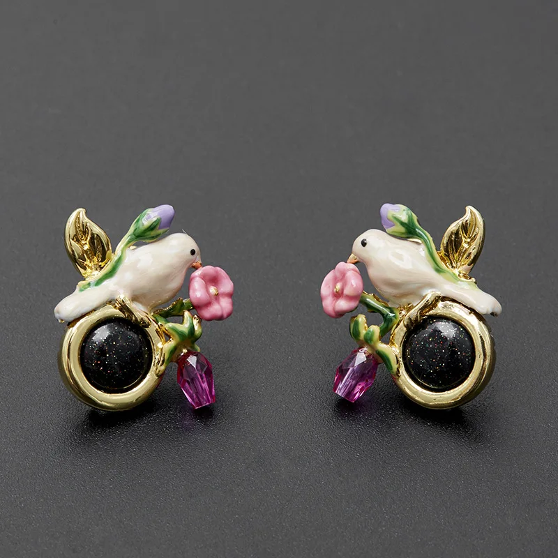 Niche Fashion Light Luxury Designer Jewelry Enamel Cute Canary Bird Pink Flower Black Gemstone Earnail No Ear Hole Earclip Girls