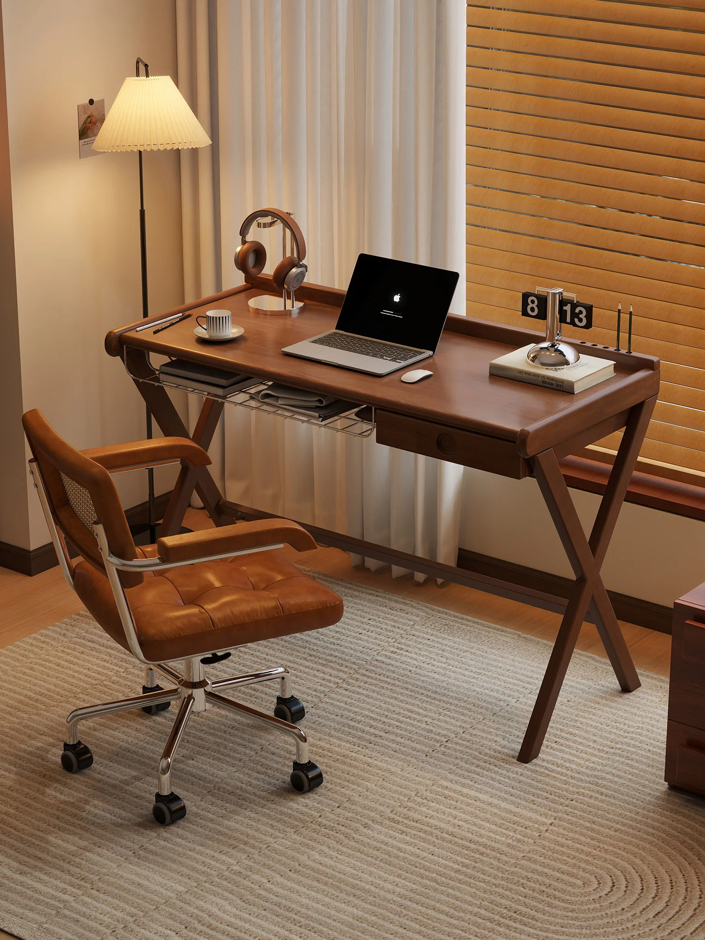 

Solid wood Nakajima retro small apartment one-word board computer desk