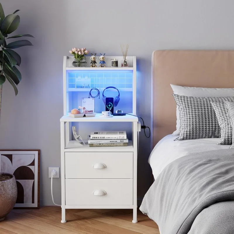 Furologee Tall Nightstand with Charging Station & LED Lights, 41'' Bedside Table with 2 Drawers & Pegboard, White Night Stand