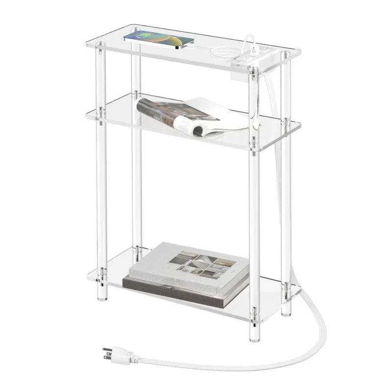 

acrylic, three-story narrow-side table, rectangular bedside table, household living room bedroom bedside table with socket