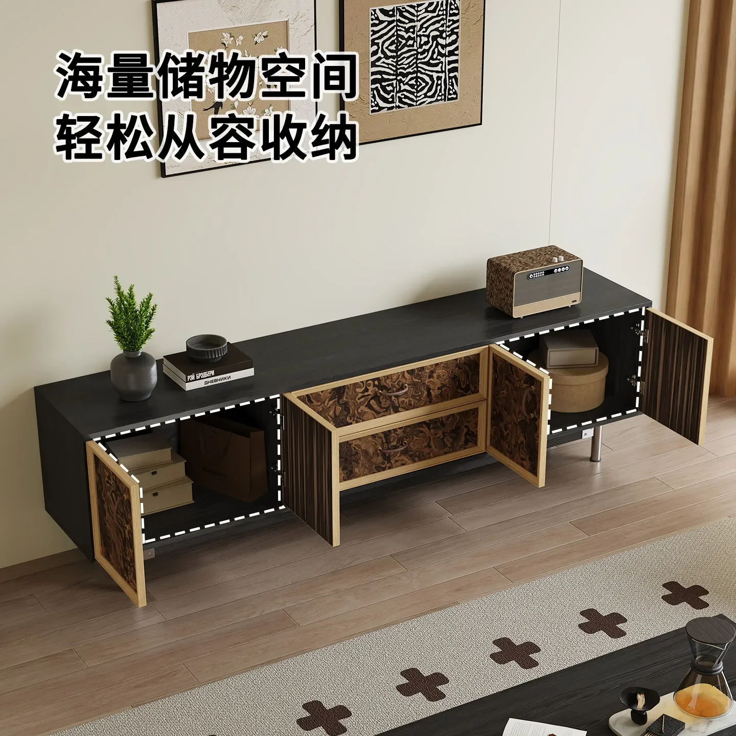 DSA  TV cabinet Solid wood retro small apartment TV cabinet Storage storage Floor long cabinet