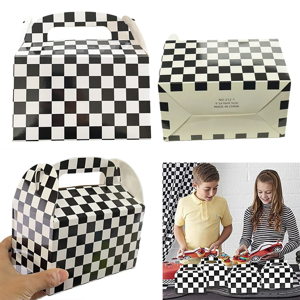 

Black and White Checkered Gift Boxes Racing Flag Pennant Treat Crafts Candy Goodie Bags Birthday Party Favors Supplies