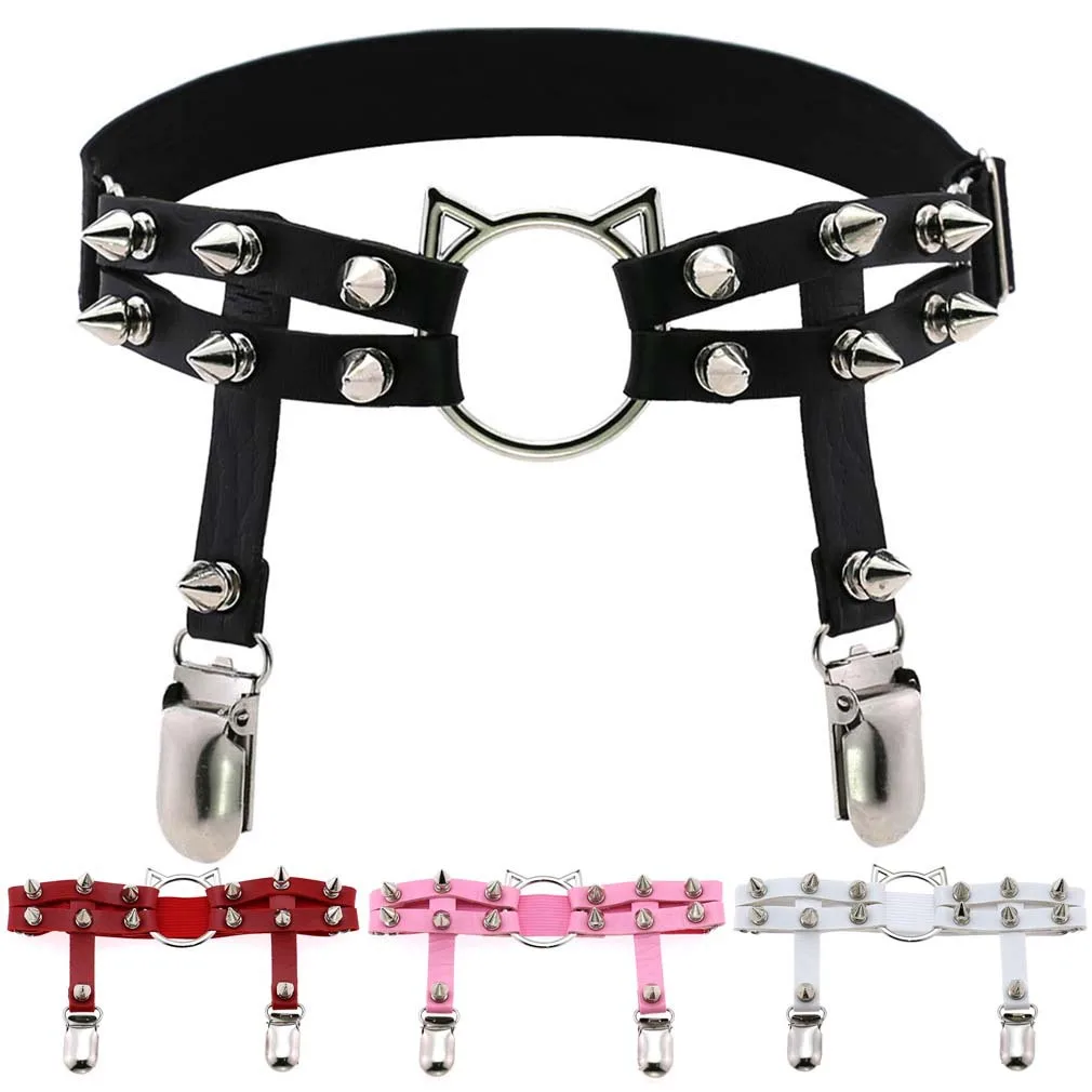 

Newest Womens Sexy Punk Elastic Harness Cat Leg Chain Garter Belts Cosplay Spike Elastic Thigh Ring Garter Body Jewelry Harajuku