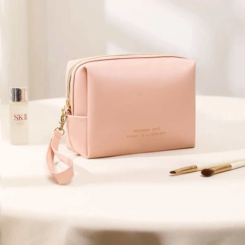 Bolso de mano de moda para cosméticos, bolsa de viaje para maquillaje para mujer, estuche portátil de cuero PU para cosméticos, bolsas de almacenamiento de maquillaje con asa