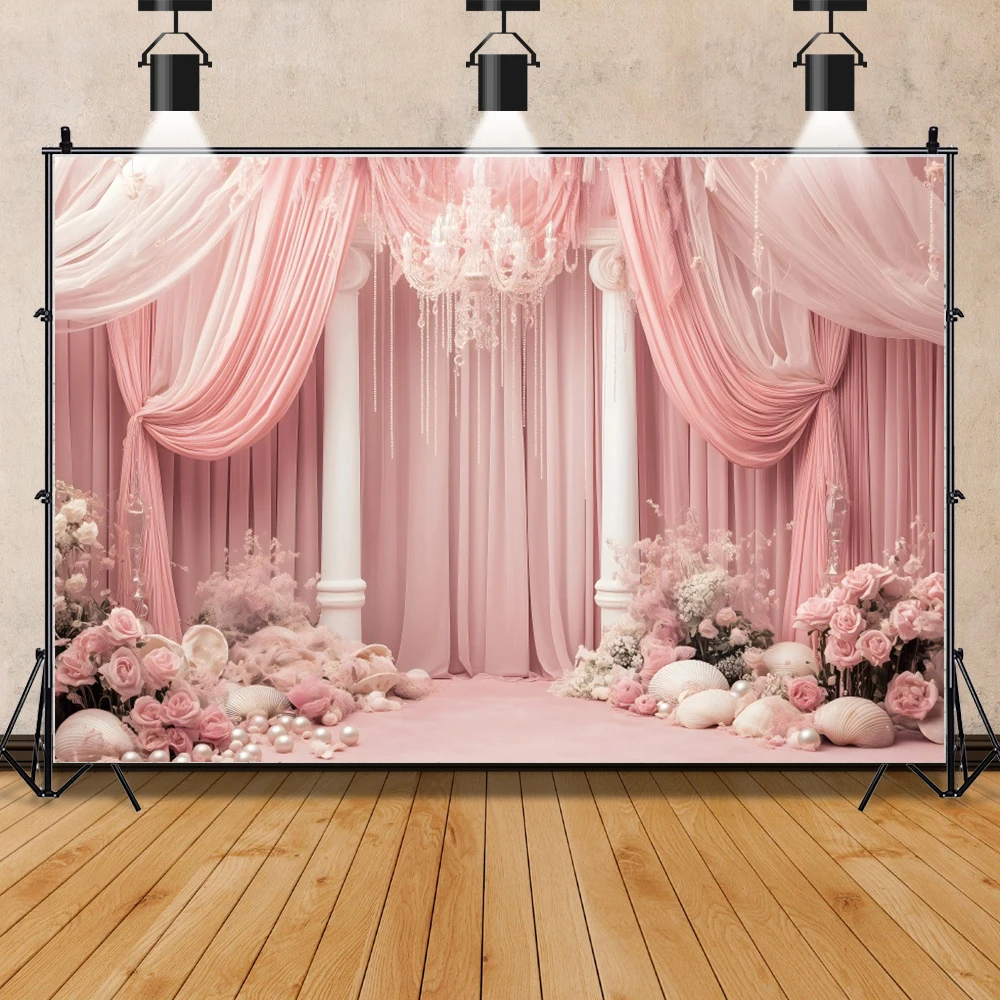 Pink Undersea Palace Photography Background Princess Mermaid Shell Chandelier Flowers Pearls Wedding Birthday Party Backdrop