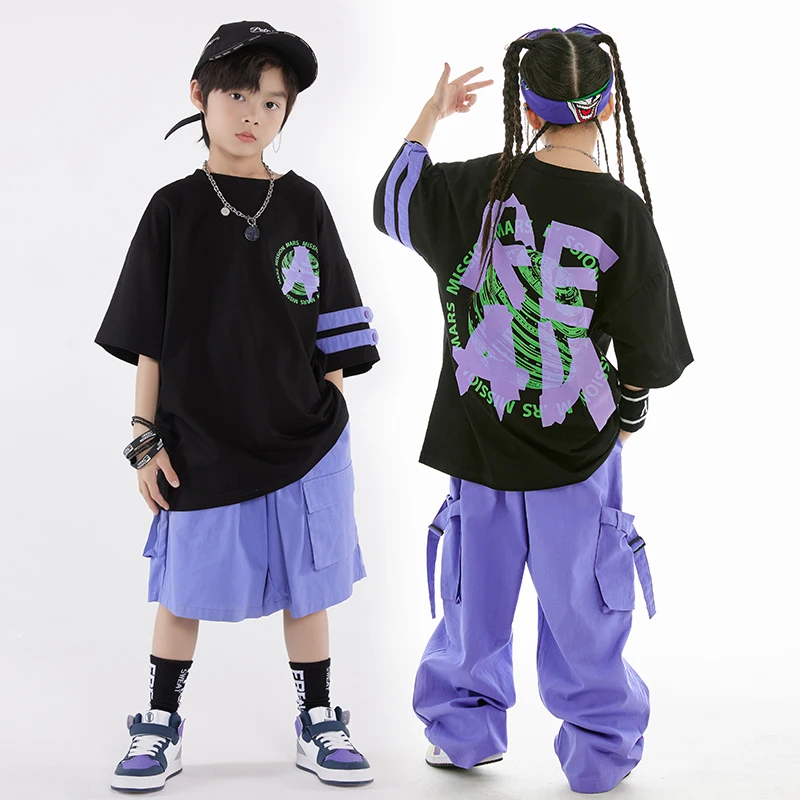 Kids Hip Hop Dance Costume Loose Overalls Purple Coat Pants Street Dance Clothing Boys Girls Jazz Drum Show Stage Clothes L10400