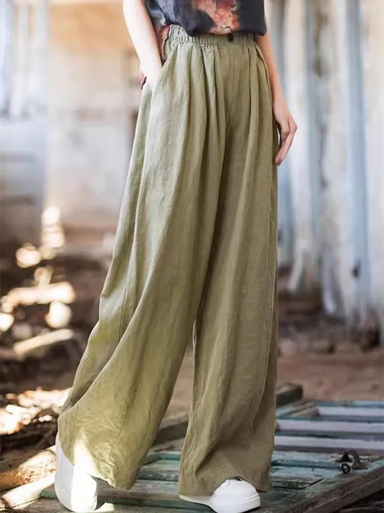 Hochgeschnittene Weite Hose mit Geradem Schnitt für Damen, Lässige Lose Leinen-Baumwoll-Mischung, Bodenlange Hose, Sommer 2024 Neu