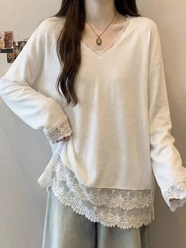 White Lace Hem V-Neck Base Shirt Women's Casual Loose Long Sleeve T-Shirt Spring Autumn Winter Inner Wear Butt Covering Top