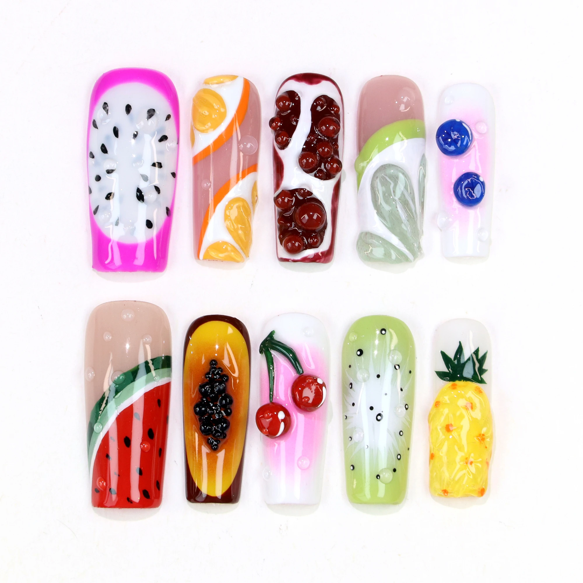 10Pcs 3D handmade Manicure Press On Nails,Acrylic Fake beautiful Handpainted Long Coffin Fruit Custom Design Holiday Nail