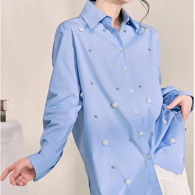 

Embroidered Flares Cotton Long Sleeve Blue Blouses Shirts Women for 2025 Autumn Trend Loose Casual Tops Woman Clothes