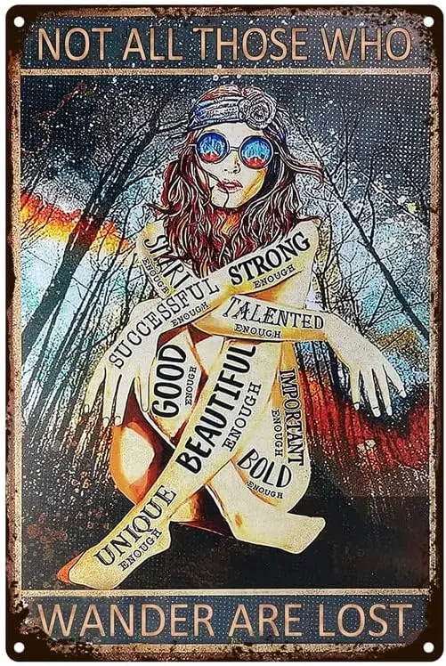 Vintage tin Sign, Hippie Girl Not All Those Who Wander are Lost Vintage, Home Decor/Lover Gifts/Wall Decor/Guest Wall Decor Art