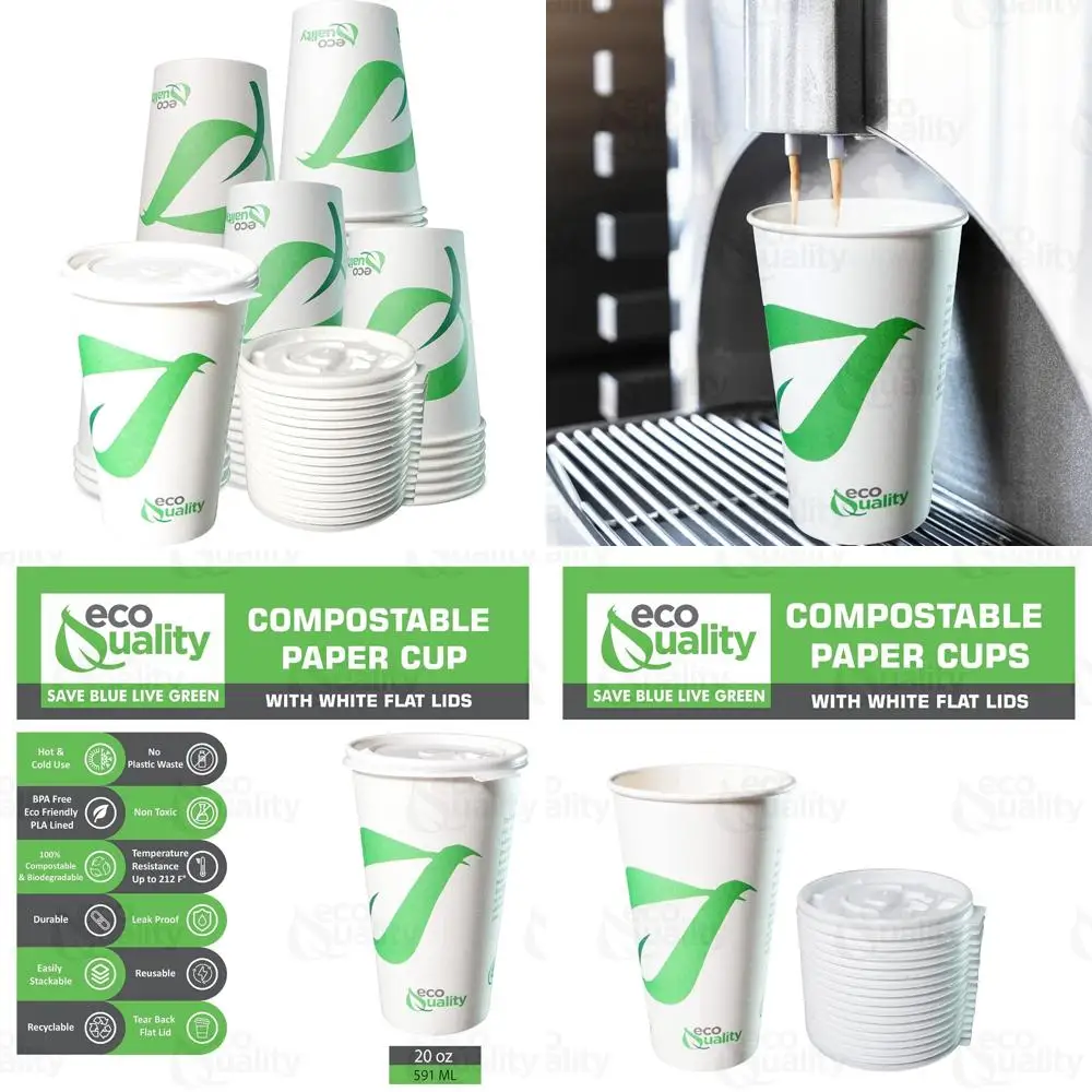 

Экологичные биоразлагаемые бумажные стаканчики с белыми крышками с подкладкой PLA — 20-унций компостируемые кофейные стаканчики для устойчивой жизни