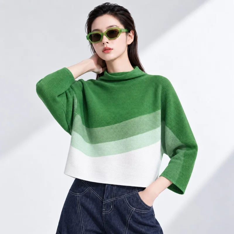 Miyake Pleated 2026 New Spring Autumn Top Design Pleated Stacked Collar Fashion Batwing Sleeve Loose Casual Short T-Shirt Pleat