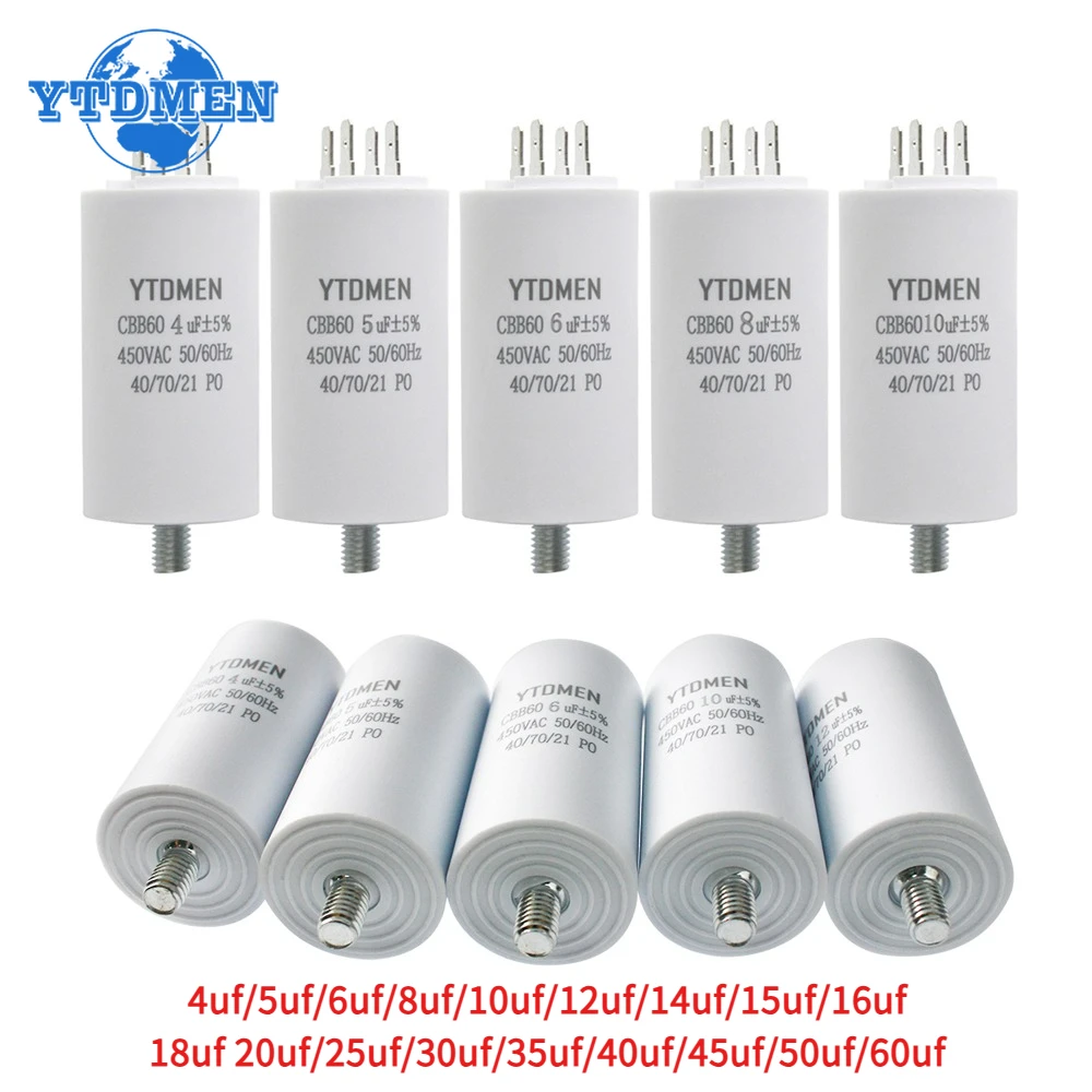 1PCS CBB60 Capacitor with Screw Double Insert 450V AC Starting Capacitor 4uF~60uF Motor Capacitors for Air Compressor Water Pump