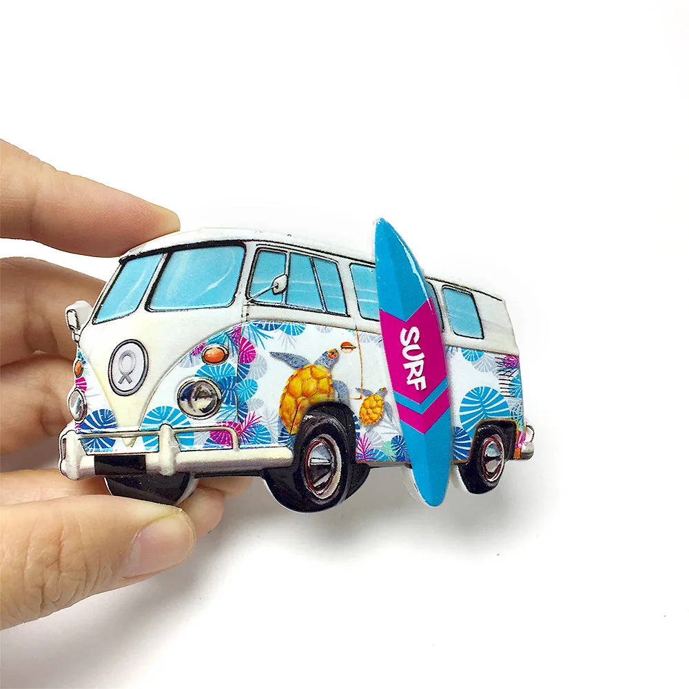 

3D resin van with surfboard, American beach themed refrigerator magnet, office, home kitchen decoration gift