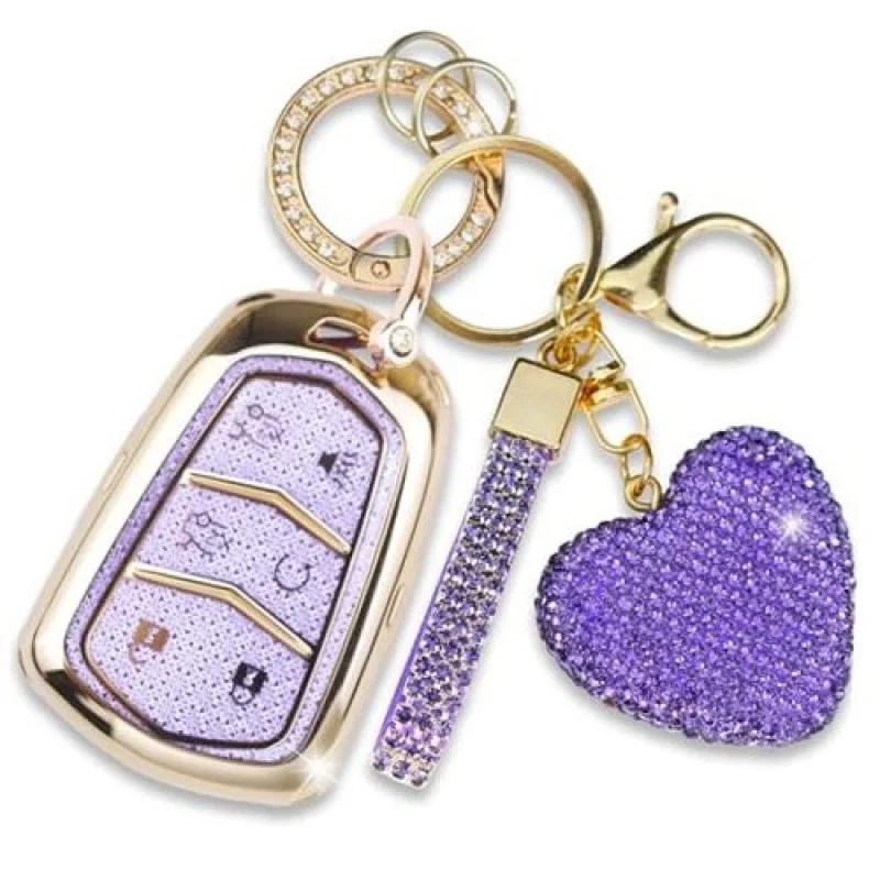 

A+ Compatible with Cadillac Key Fob Cover with Heart Keychain for Women, Purple
