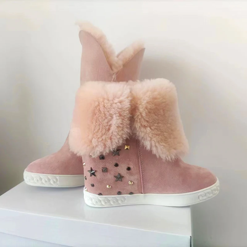 

Real Fur Metallic Buckle Rivets Height Increasing Wedges Winter Mid-calf Boots Women Solid Pink Round Toe Slip-on Casual Shoes