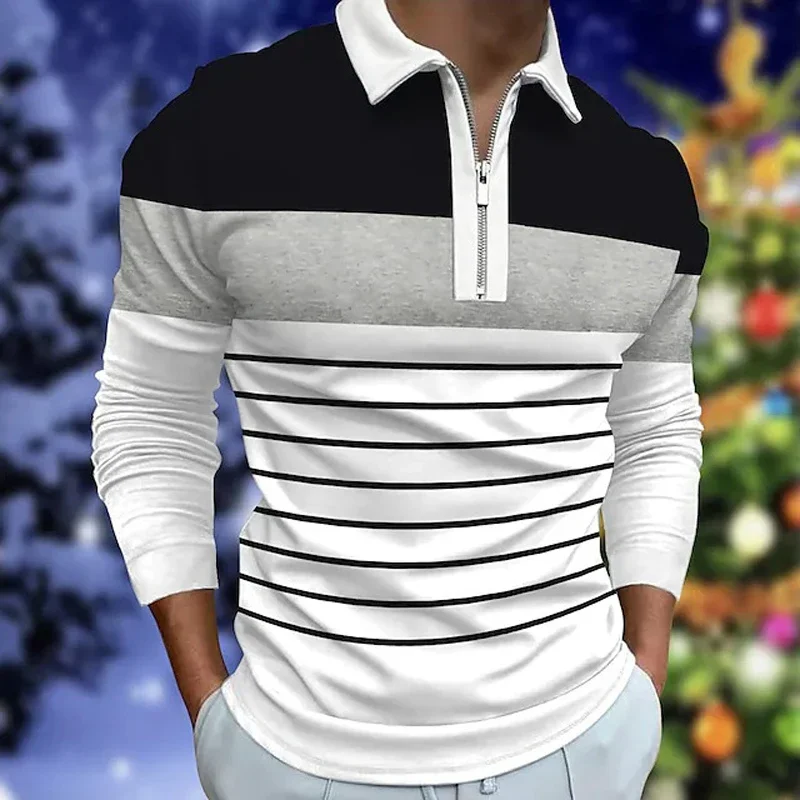 

Leisure Line 3D Print Polo Zipper Long Sleeve Shirt for Men Button Down Fashion Shirt