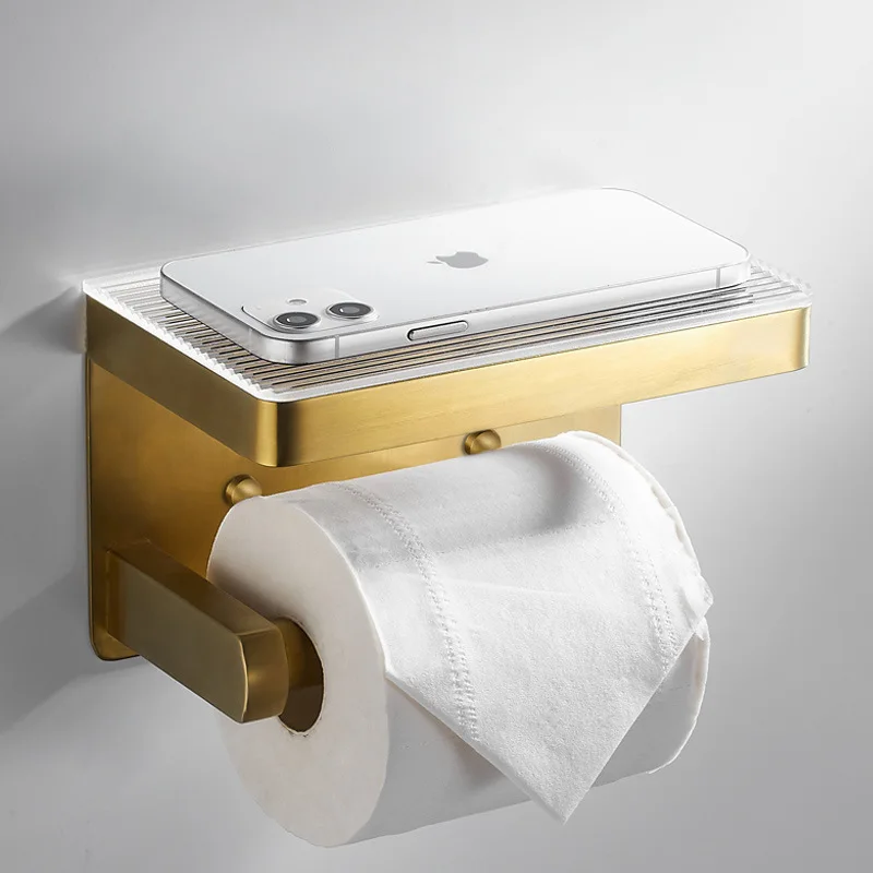 

304 Stainless Steel Bathroom Tissue Holder Brushed Gold Toilet Roll Paper Holder Mobile Phone Holder Bathroom Storage Rack