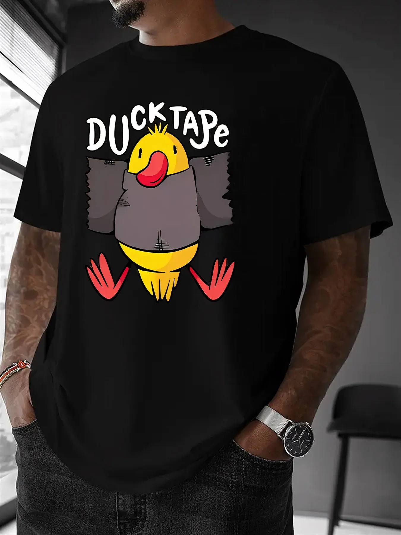 Fun Graphic Tee Lightweight Polyester Blend Mens Casual Graphic Tee Fun Cartoon Duck Print Short Sleeve T-Shirt Summer