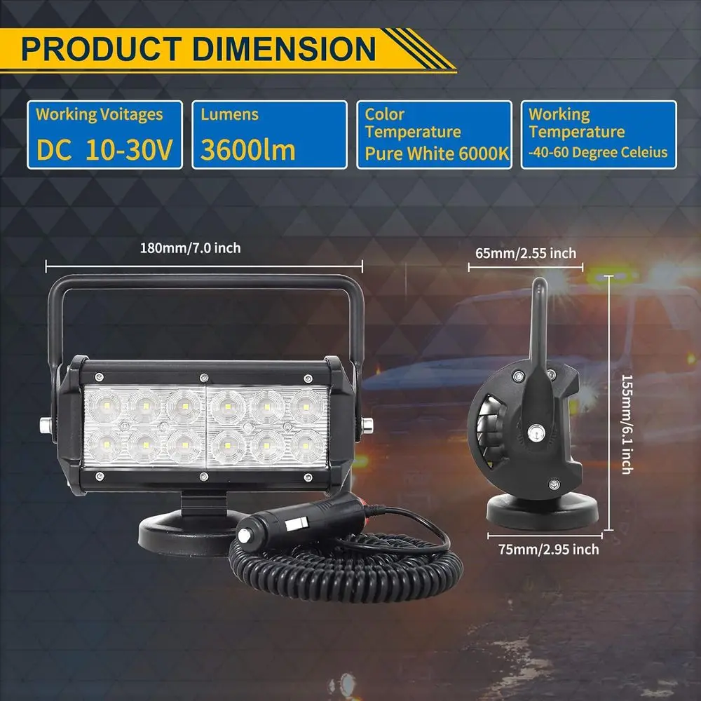 Barra luminosa da lavoro a LED magnetica portatile da 7 36 W, luce diurna 6000 K, 12 V/24 V per veicoli fuoristrada e attrezzature pesanti