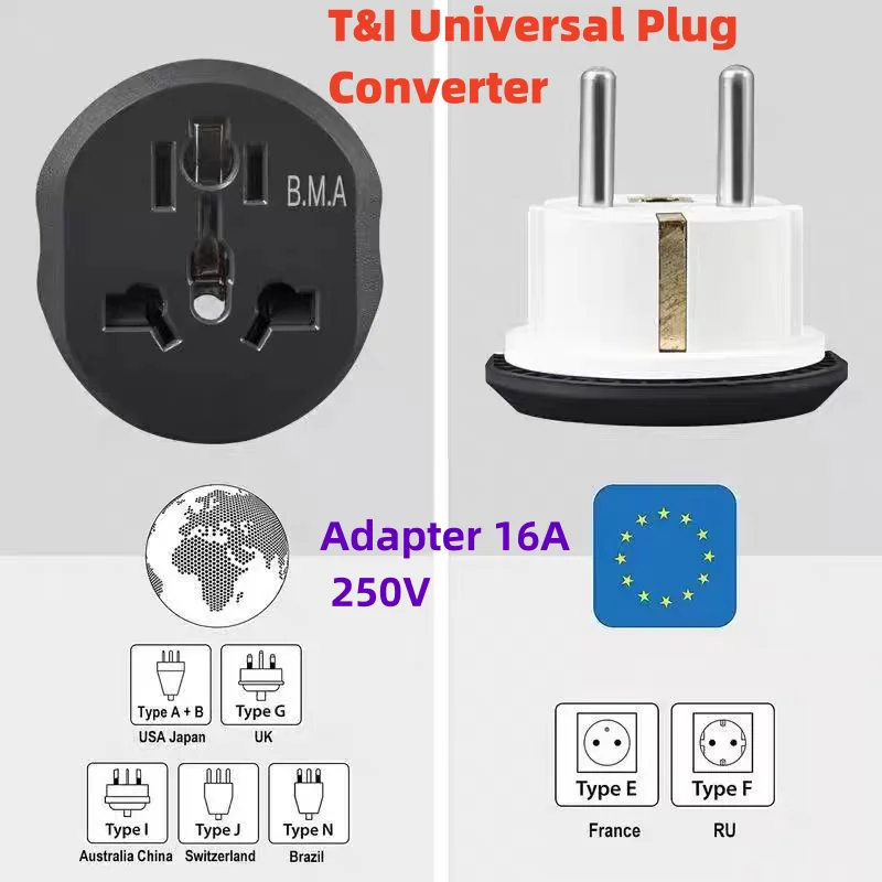 Adapter High Quality T&I Universal Plug Converter FR AU US UK To EU Travel Home Plug Adapter 16A 250V Wall Electric Socket