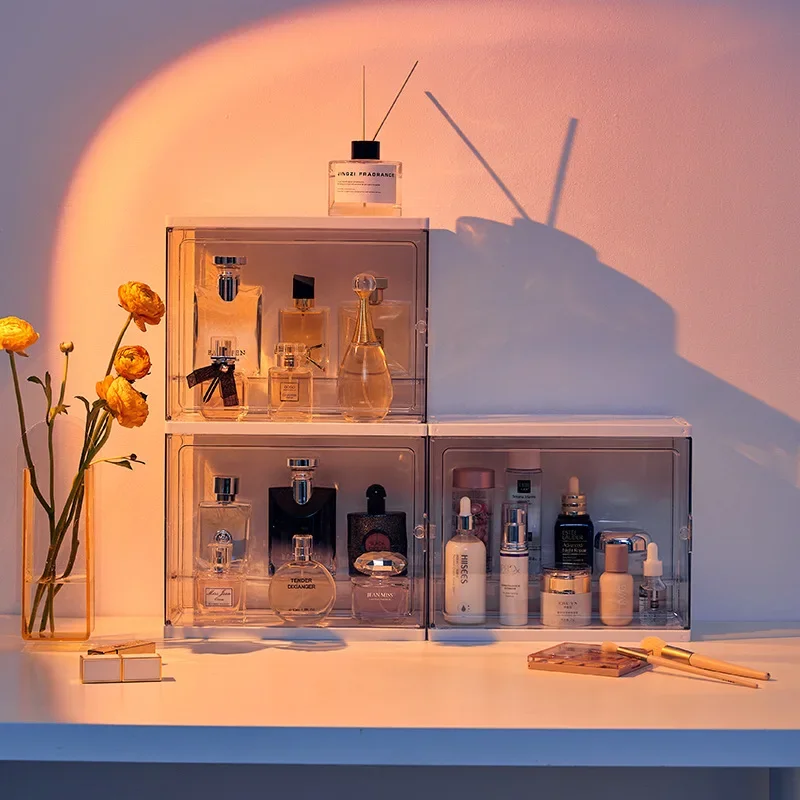 Acrylic Display Cabinet Stackable Transparent Perfume Display Stand Dustproof Dresser Perfume Skin Care Product Storage Boxes