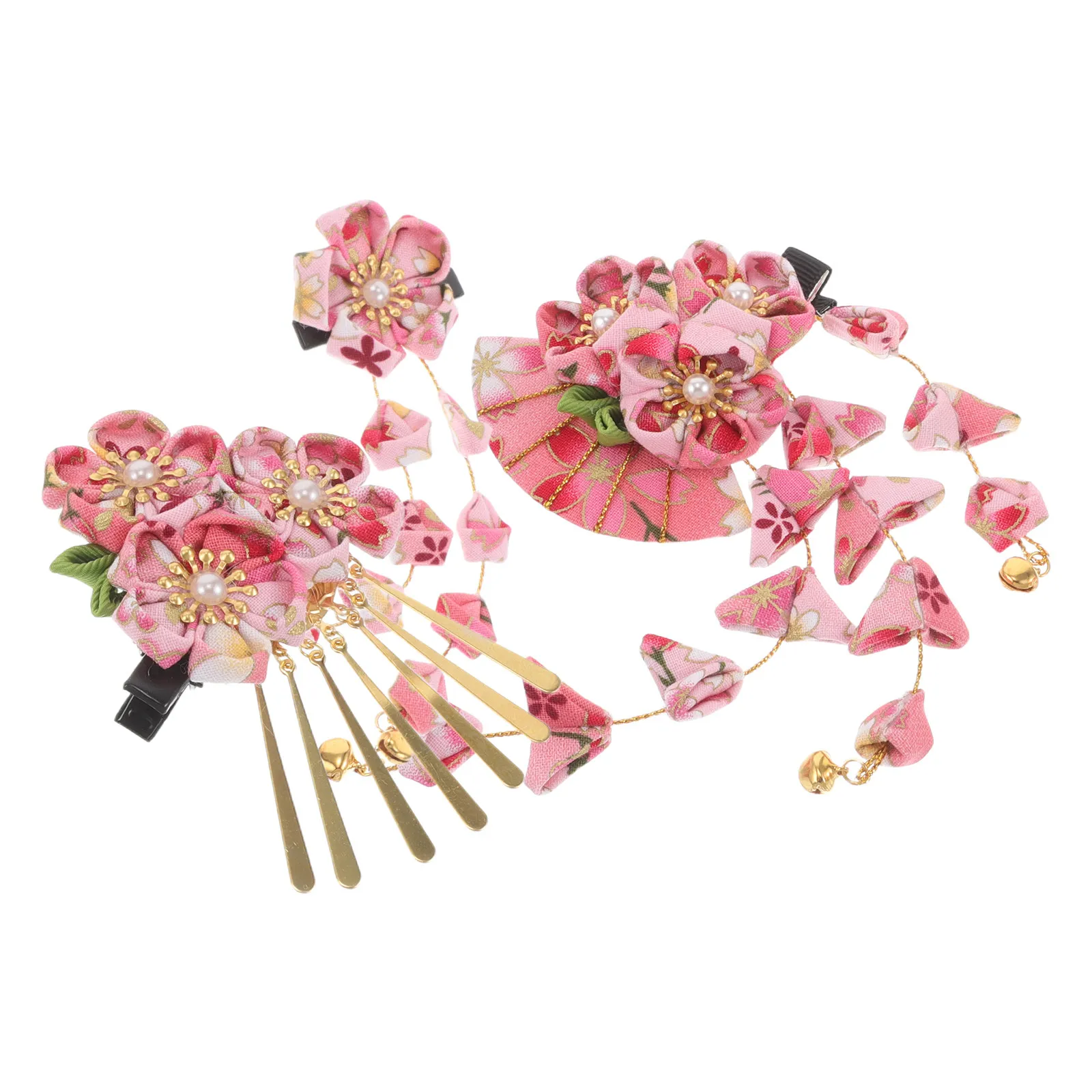 3-個ピンク着物ヘアピンセット日本の花のタッセルヘアクリップ女性のための伝統的な着物衣装漢服セレモニーパーティー