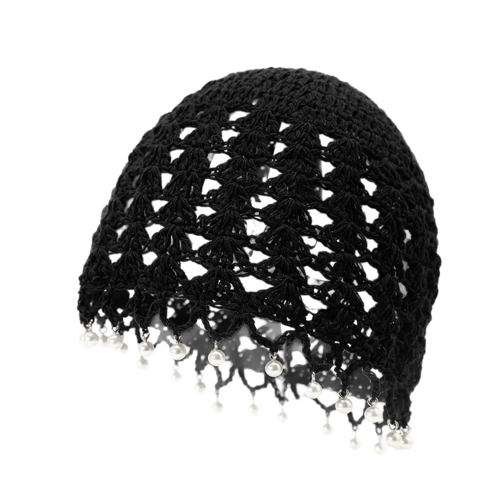 

Casual Sweet Crochet Hollow Knitted Hat Beads Tassels Hollow Out Ethnic Style Hat Bohemian Style Thin Knit Beanies Girls
