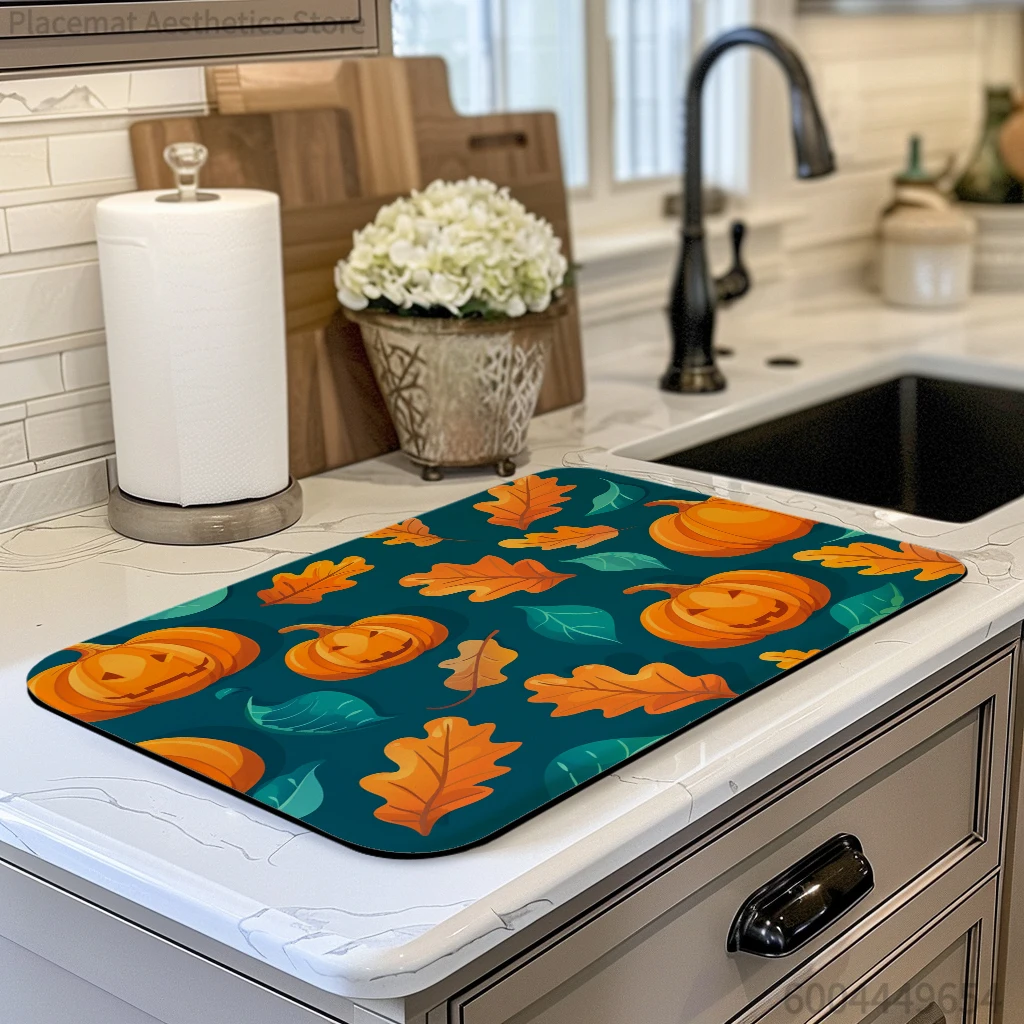 Absorbent Tableware Dish Drying Mats Flower Autumn Desk Drain Pad Heat Resistant Counter  Mat Non-slip Draining Placemat Kitchen
