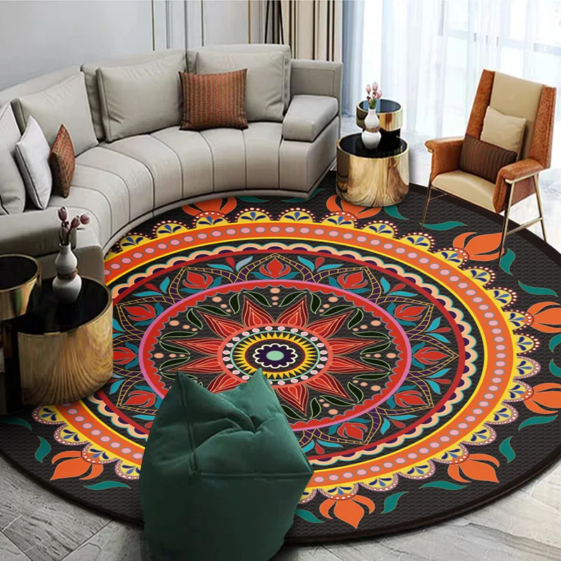 Bohemian Ethnic Round Rug with Geometric Floral Design – Modern Non-Slip Decor for Living Room, Bedroom & Lounge