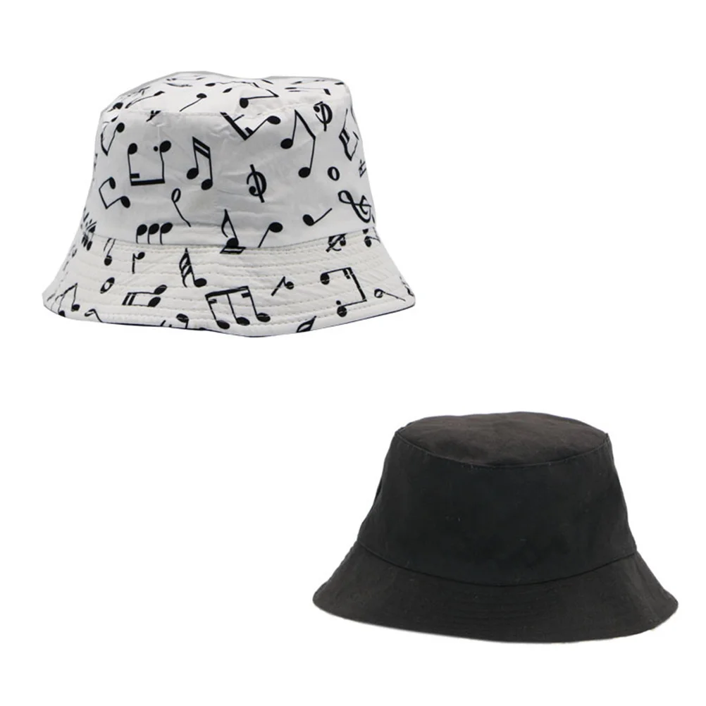 

1Pcs Sun Block Bucket Hat Music Note Pattern Reversible Black White Cotton Fisherman Hat Outdoor Travel Summer Sunhat for Women
