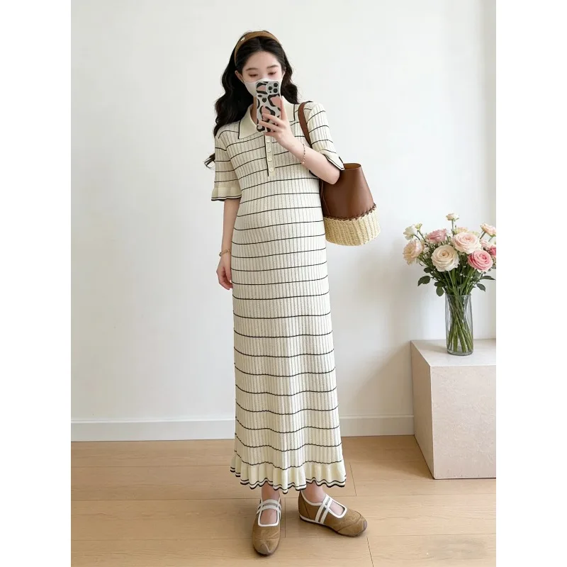 

Maternity Dress Block Color Stripe Patchwork Long Lantern Sleeve Patchwork Pregnant Woman Pleated Dress Pregnancy Clothes
